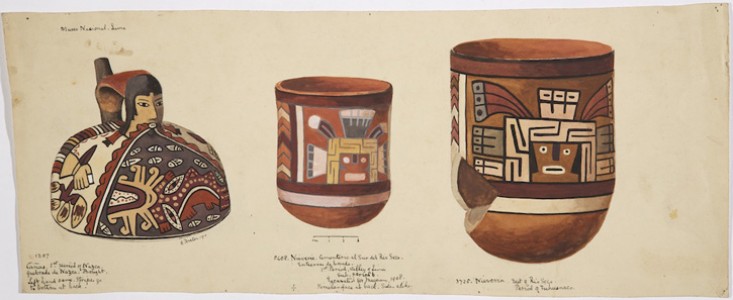 Watercolour of two pots in the Museo Nacional in Lima, Peru, made by Adela Breton on her tour of South America in 1910